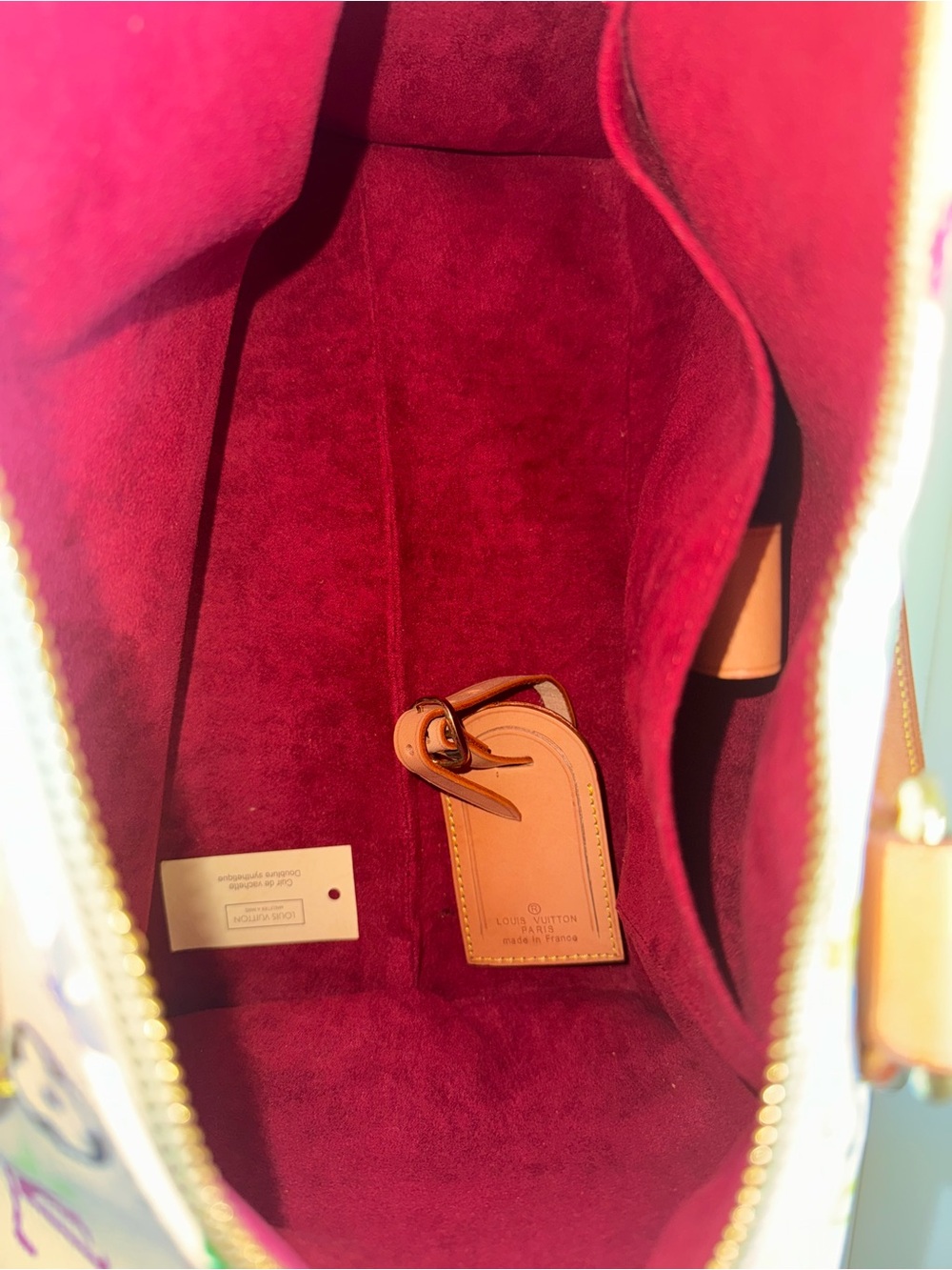 Louis Vuitton White Multicolor Monogram Satchel with Pink Pocket and Tan Handles - Picture 5 of 5
